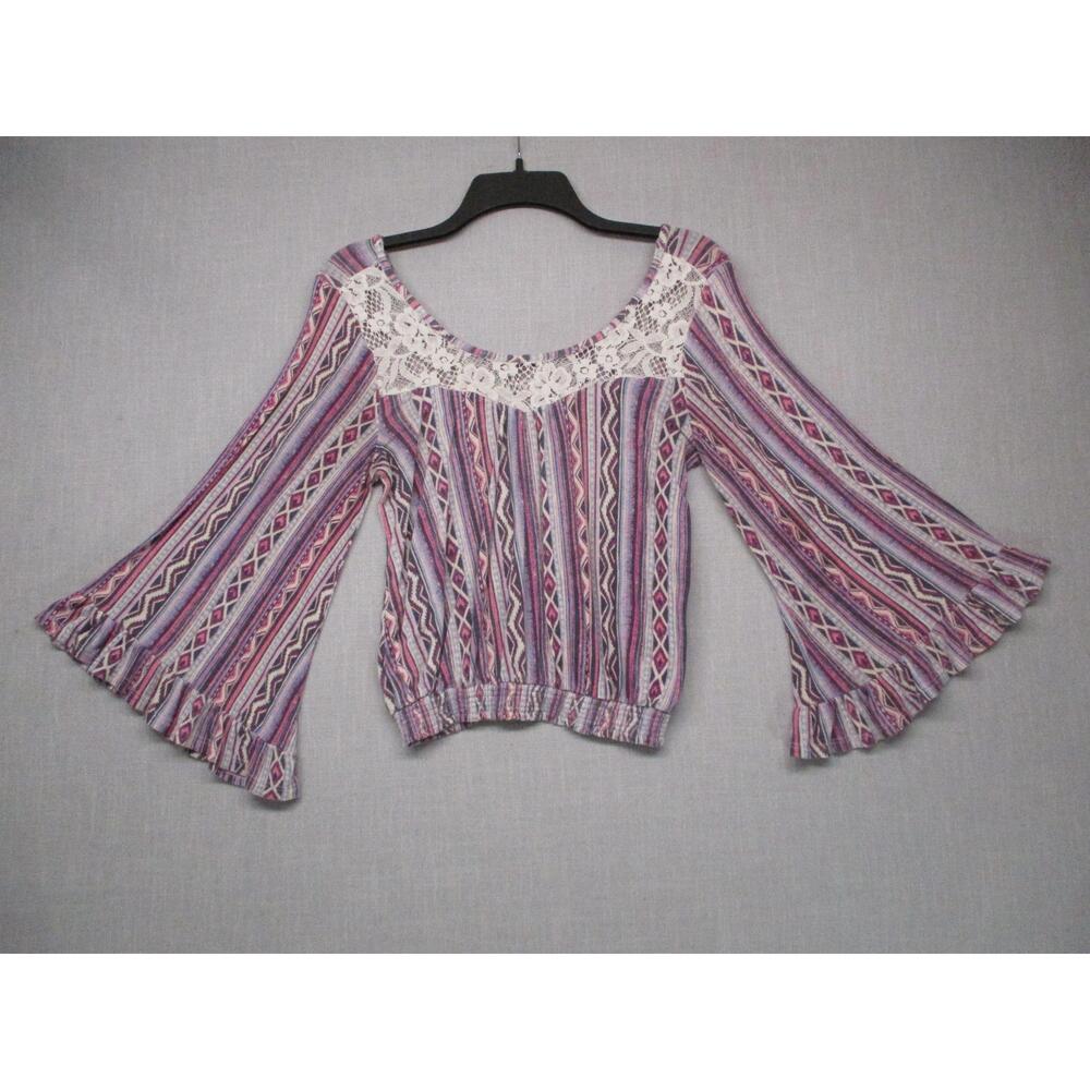 About A Girl Ivory Crochet Lace Bell Sleeve Striped Bohemian Blouse Women Size M